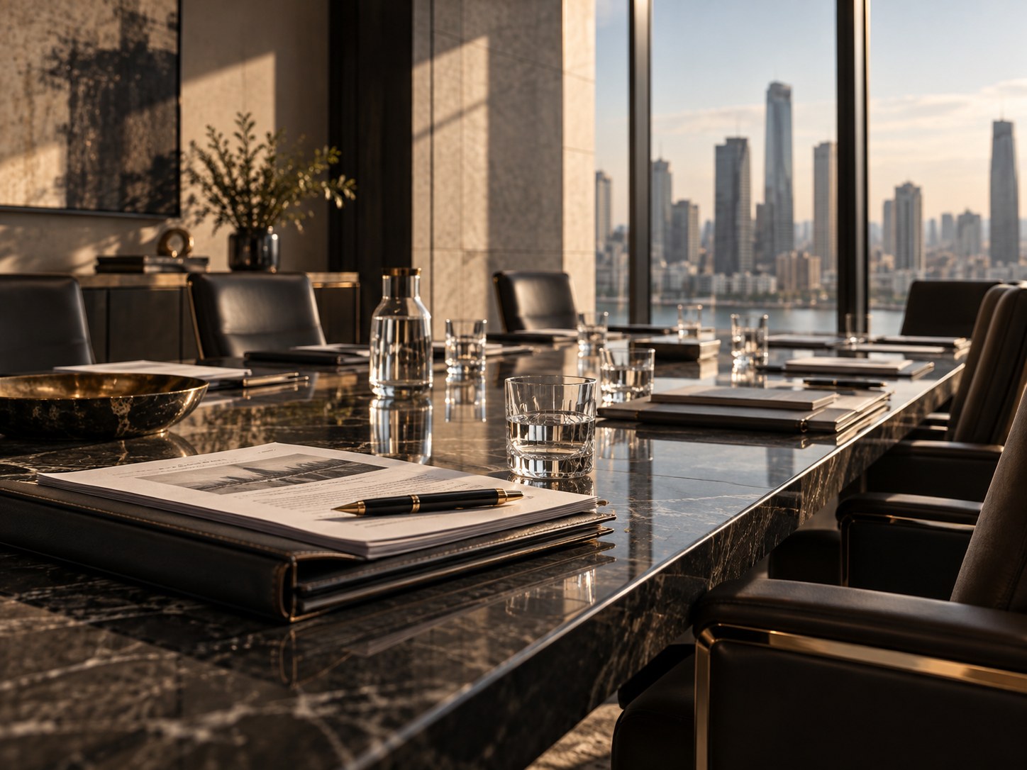 Executive boardroom prepared for a governance session at golden hour