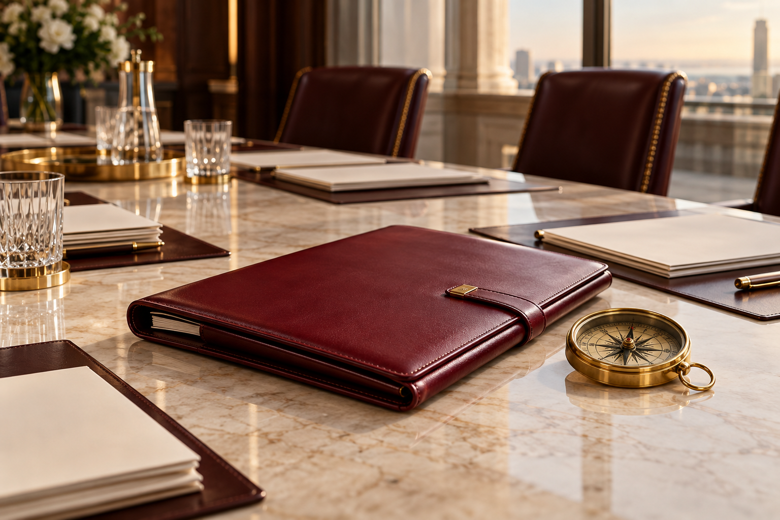 Burgundy portfolio and compass on an executive meeting table