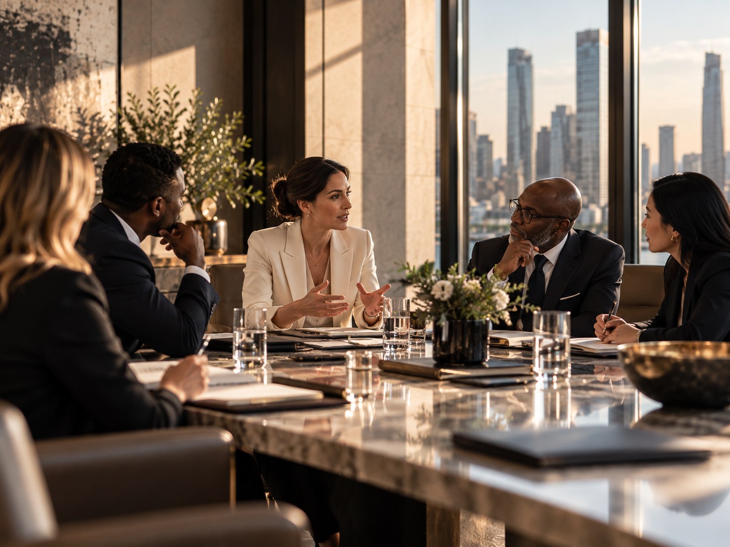 Leadership team in discussion around a marble conference table