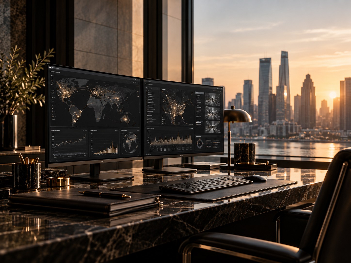 Executive workstation monitoring global digital data at sunset