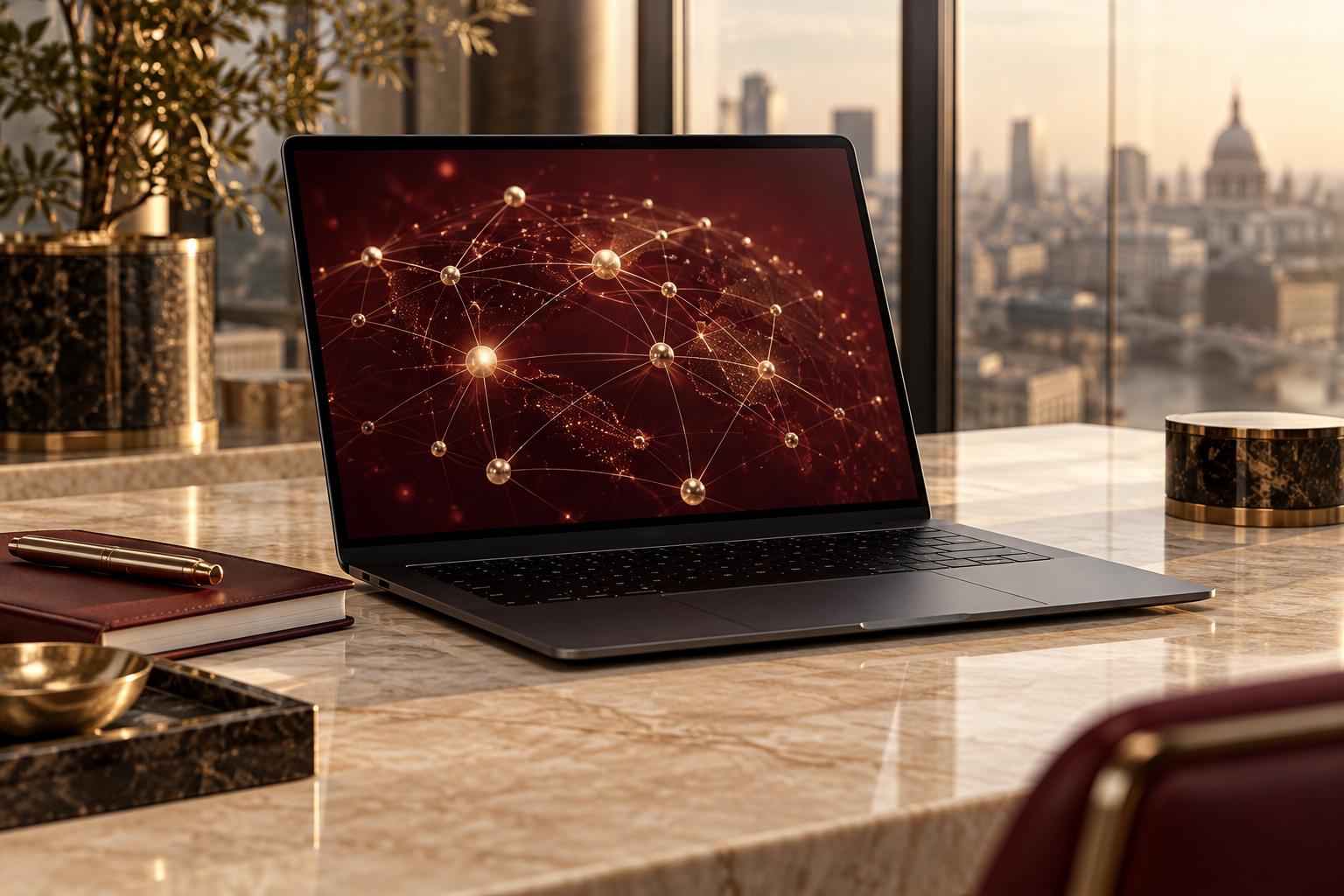 Laptop displaying an abstract network of digital connections