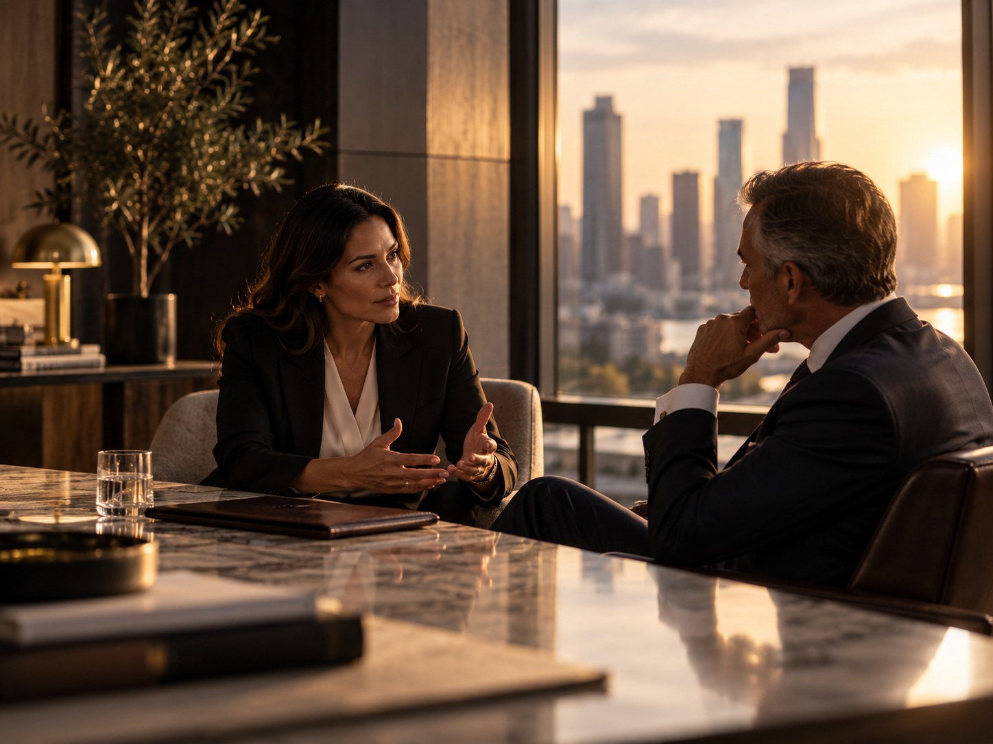 Private one-on-one advisory conversation overlooking the skyline
