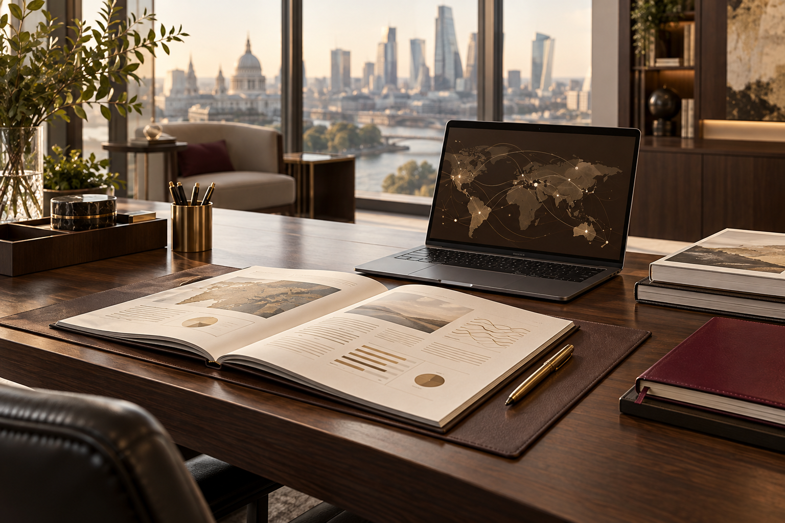 An executive desk with research materials and a laptop displaying a global network.