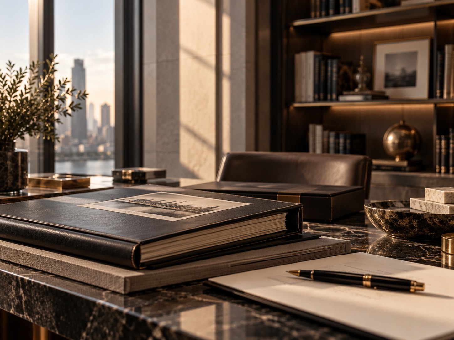 Leather-bound archival volume and fountain pen in a refined study