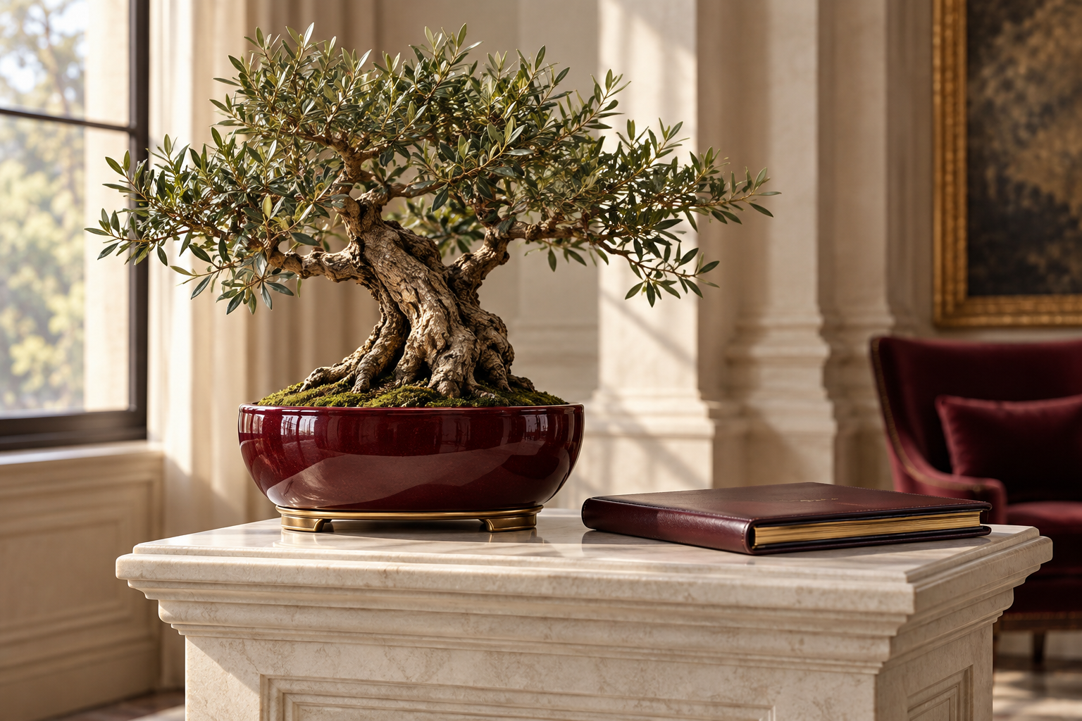 Mature olive bonsai and archival portfolio in a refined interior