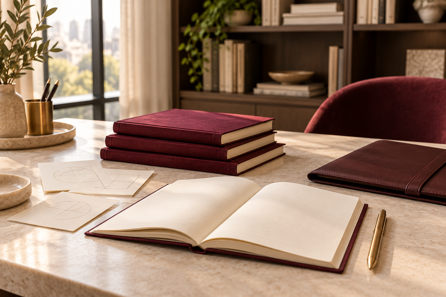 Illustrative learning materials, an open notebook and a gold pen on an ivory desk
