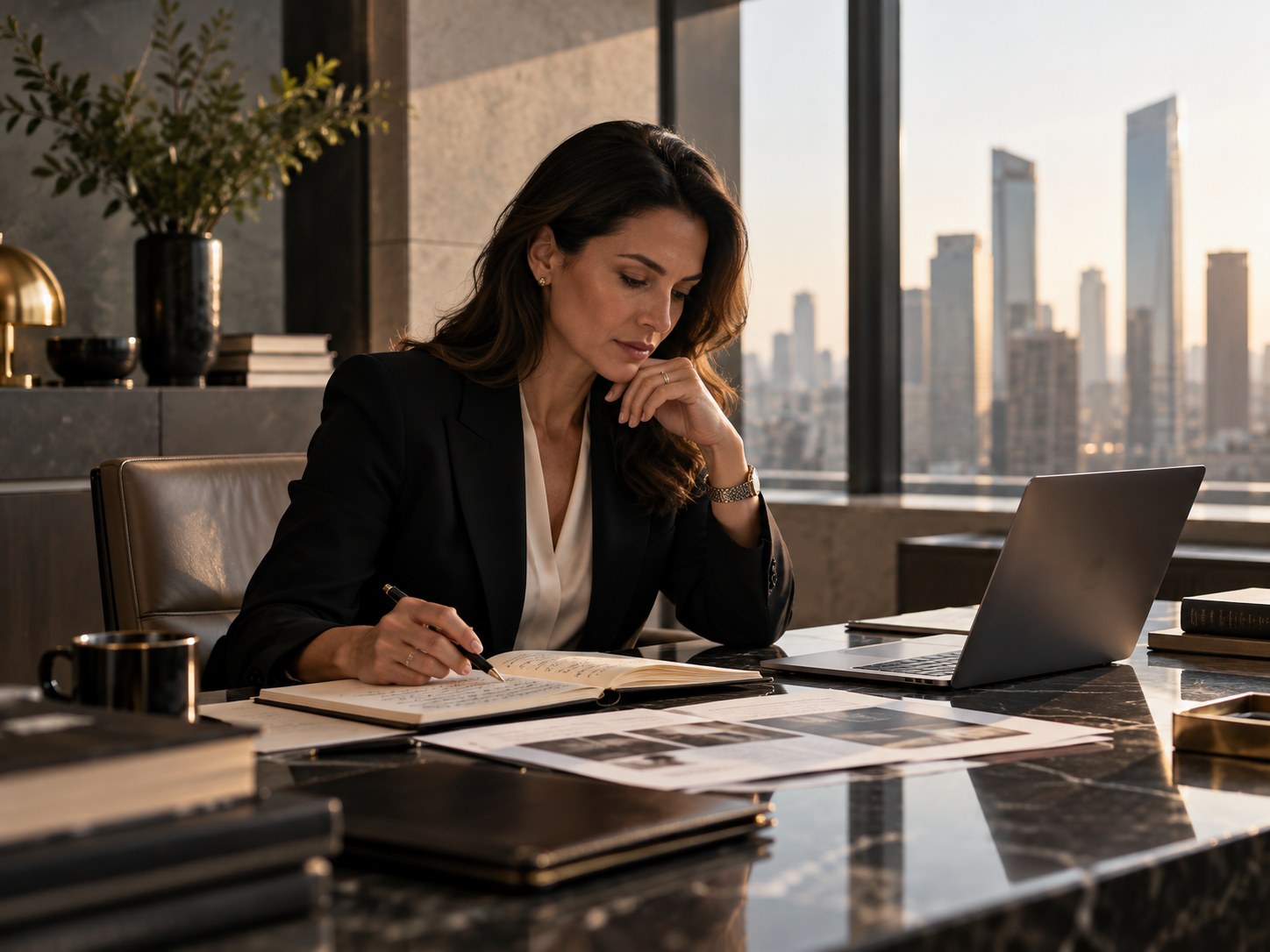Executive drafting strategic notes at a marble desk above the city