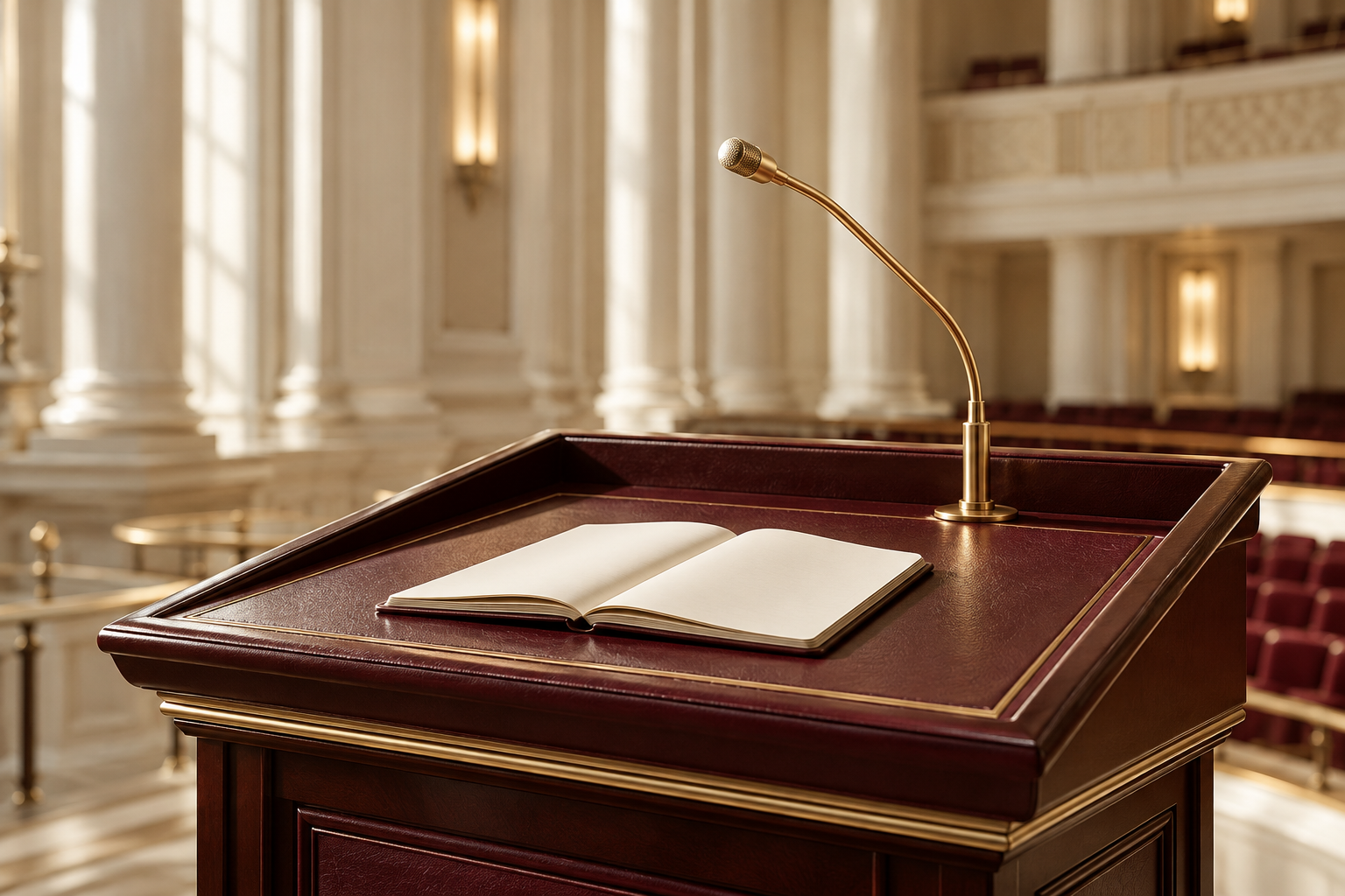 Gold microphone and open notebook on an elegant lectern