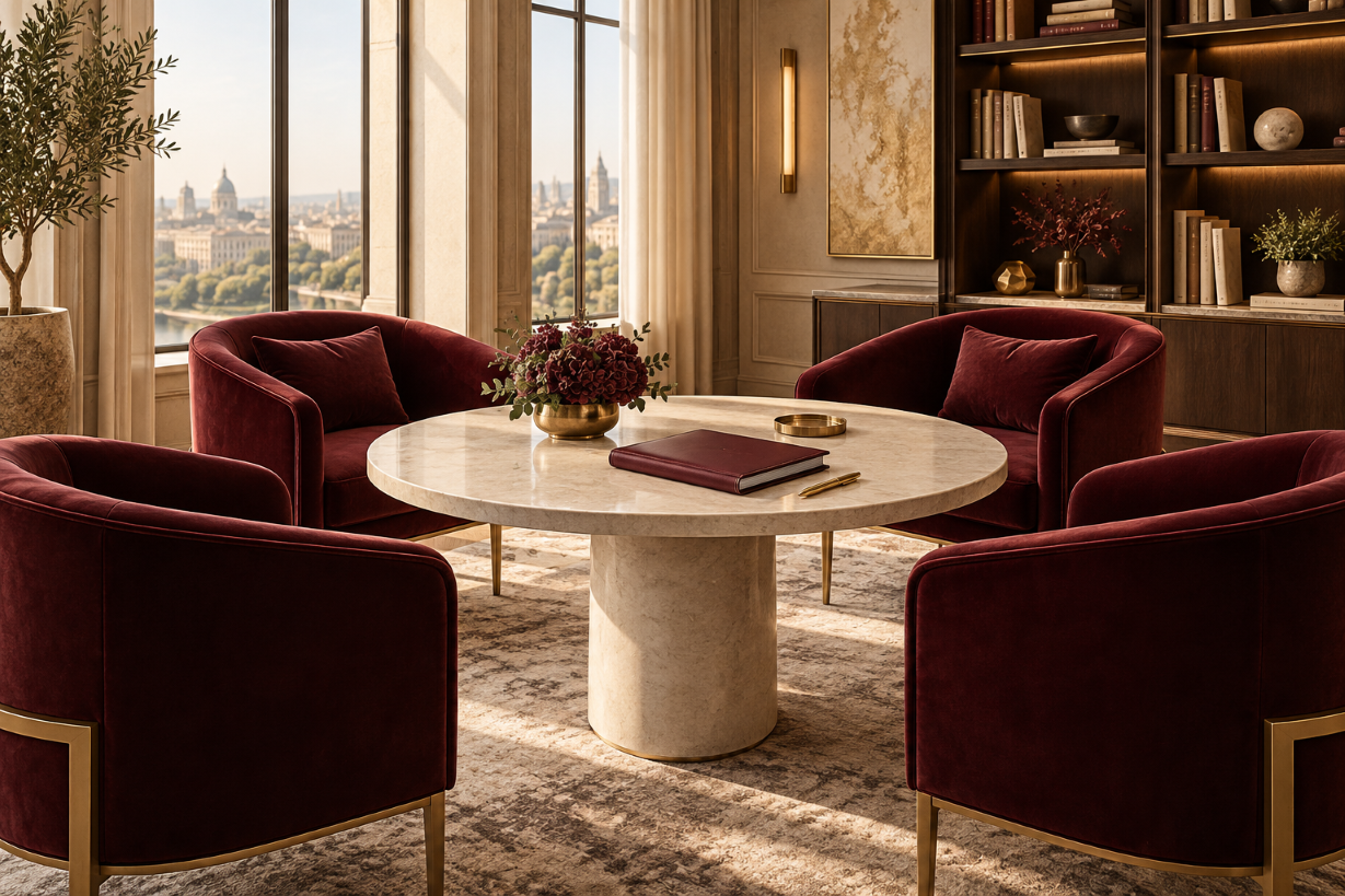 Concept of a private executive salon with burgundy chairs around an ivory table