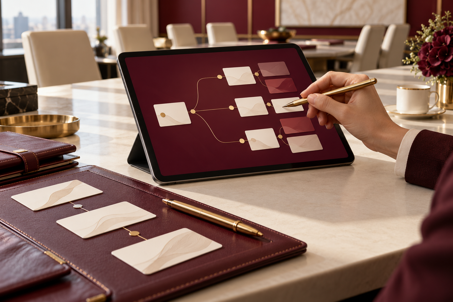 A hand exploring branching decision pathways on a tablet in an executive meeting room.