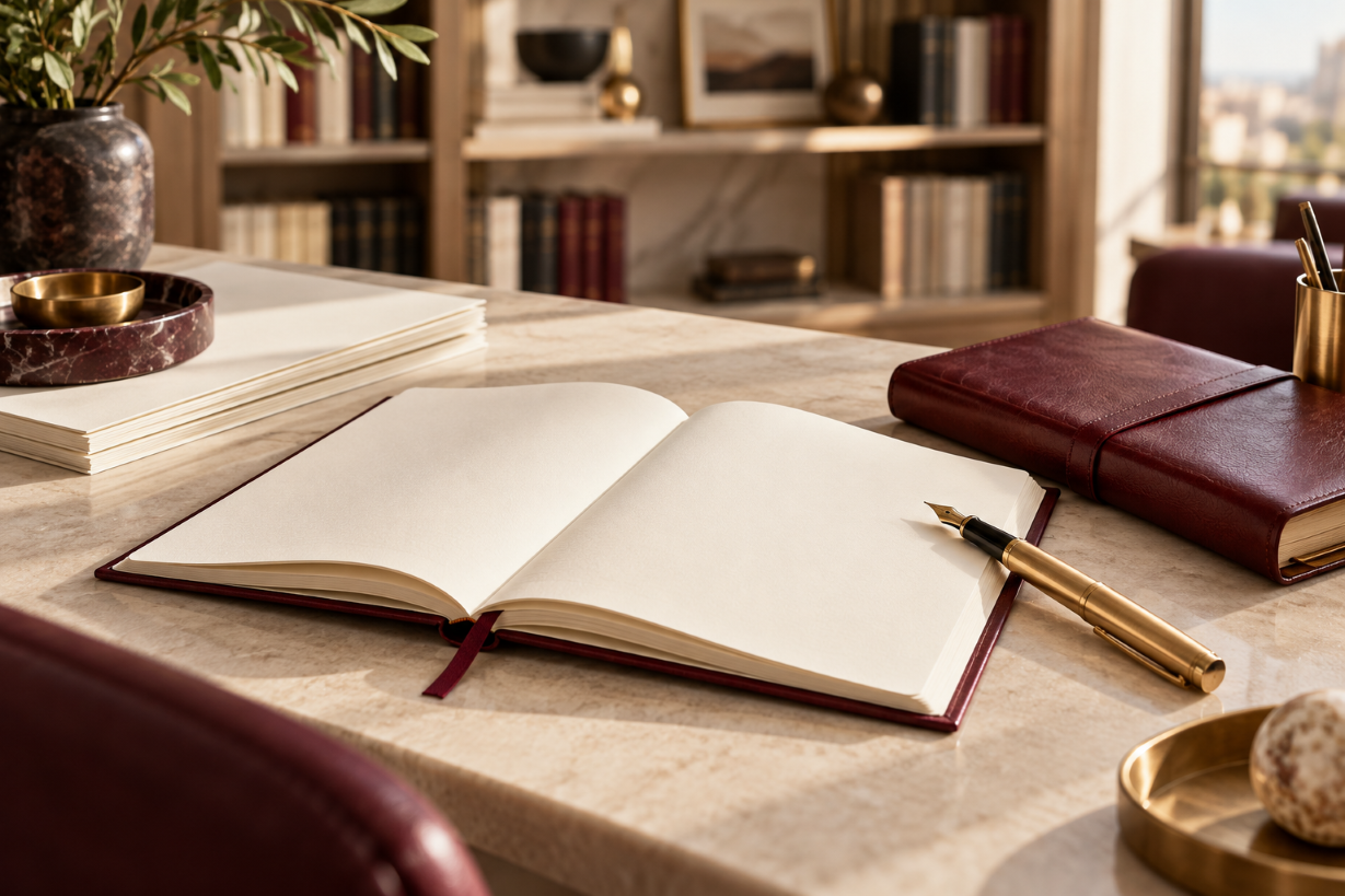 Open notebook and gold pen on an editorial writing desk