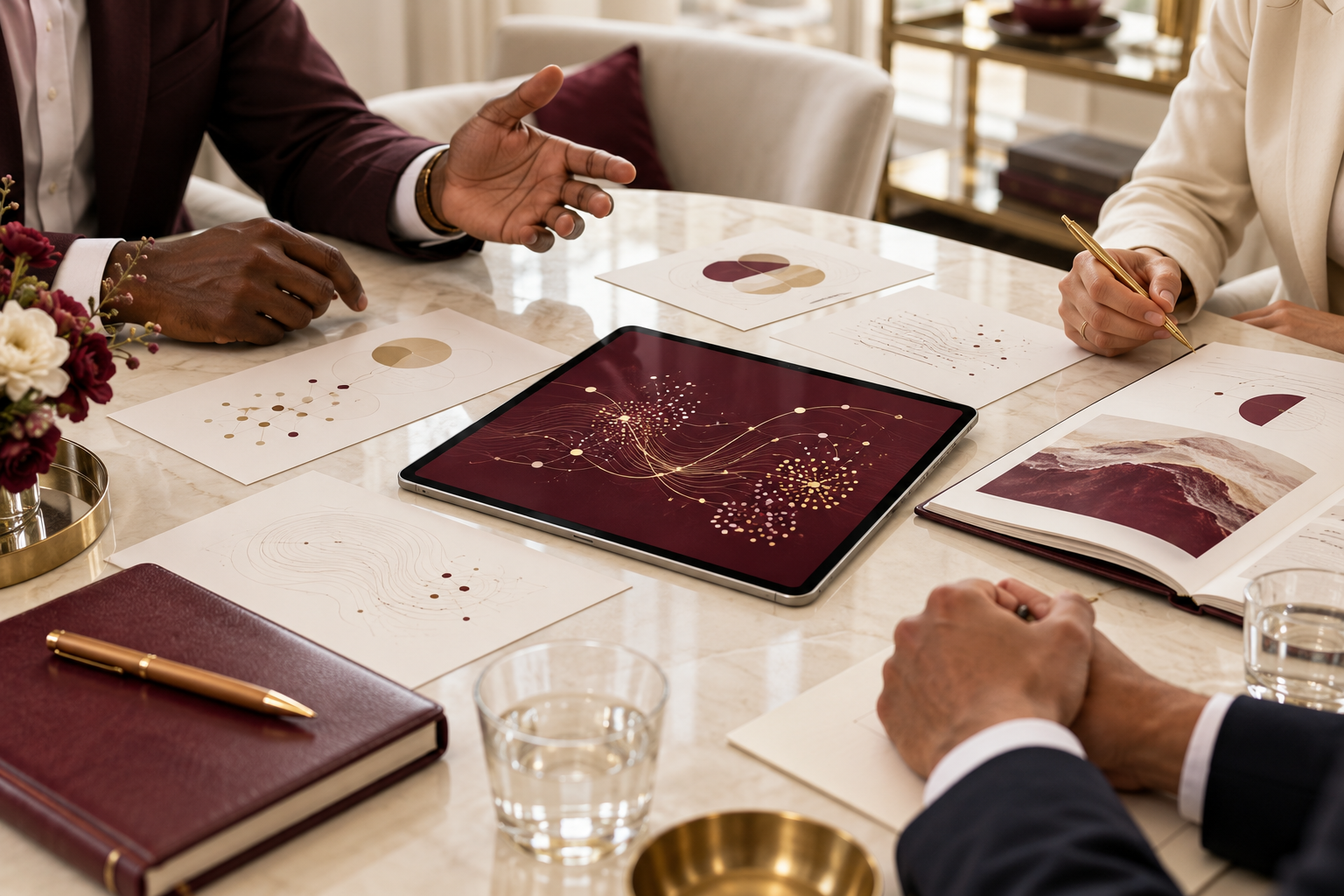 Professionals discussing research materials around a tablet in an executive setting.