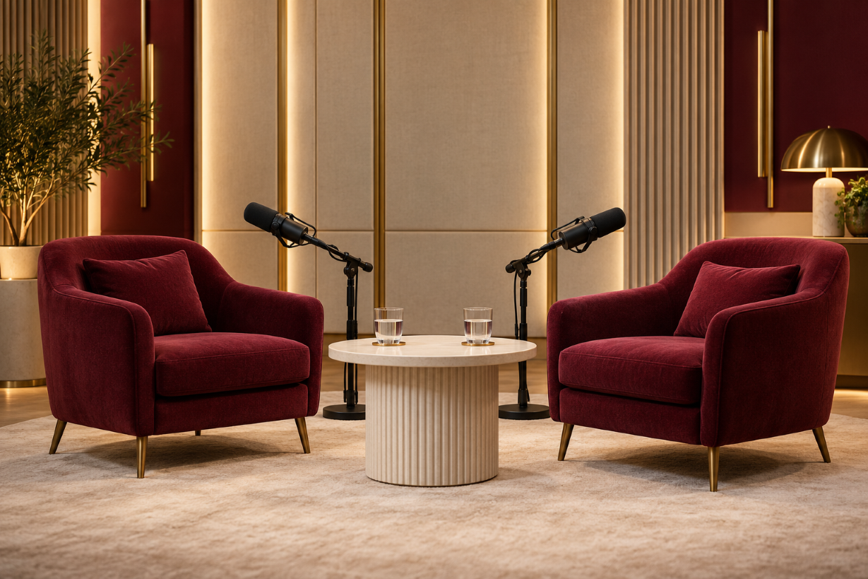Concept of an interview studio with two burgundy armchairs and microphones