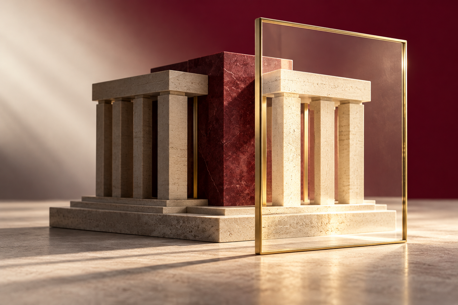 Conceptual institutional structure illuminated through a gold-framed glass panel