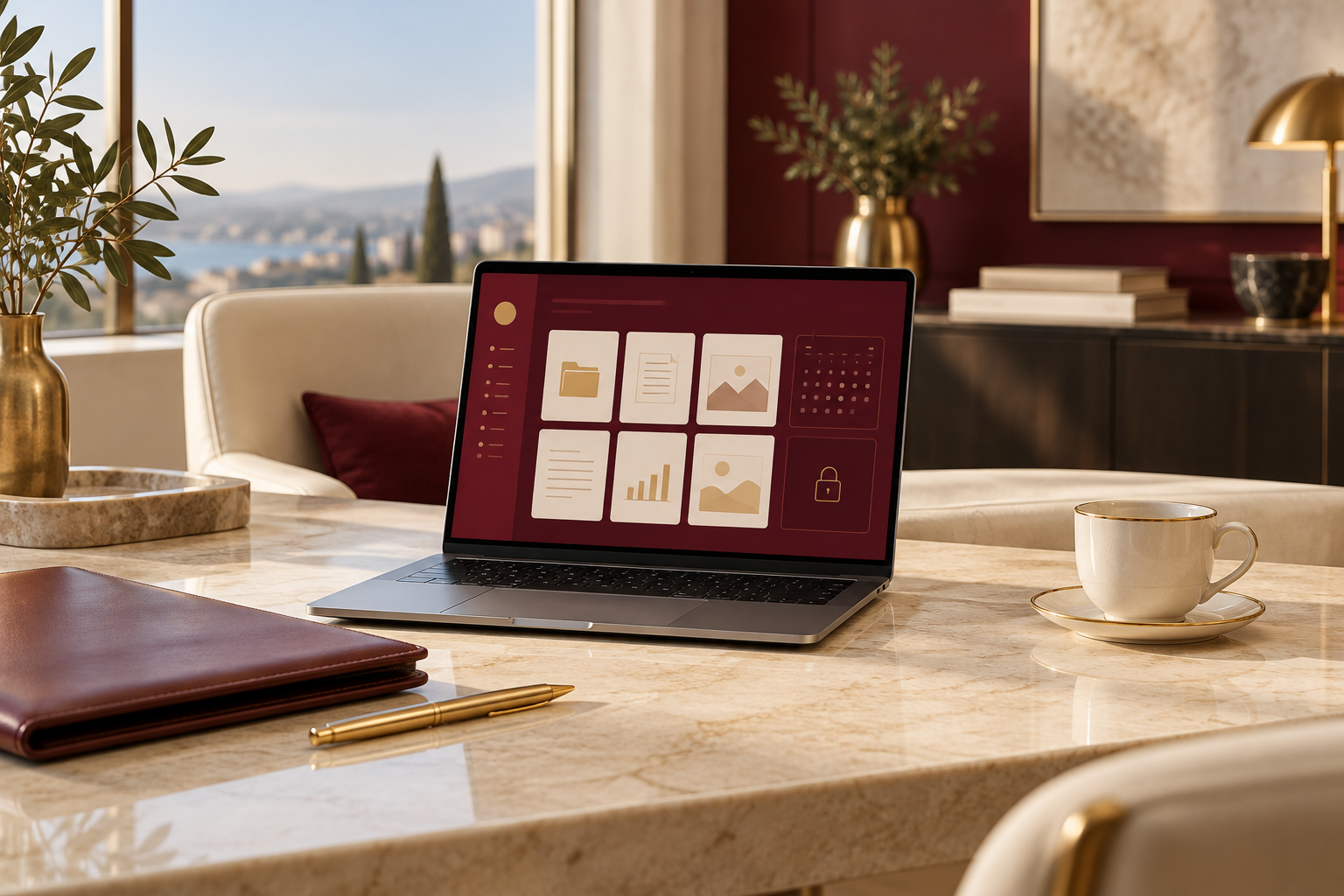 A laptop displaying a conceptual private workspace in an elegant executive office.